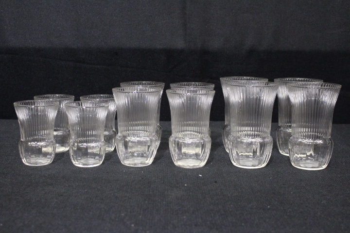 Set of 12 Vintage Blown Depression Glass Clear Ribbed Drinking Tumblers, 3 Sizes