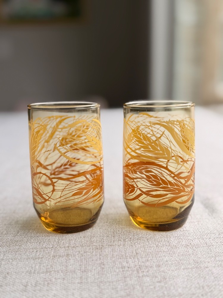 Pair of 2 Vintage Anchor Hocking Amber Golden Wheat Harvest Juice Glasses 4″
