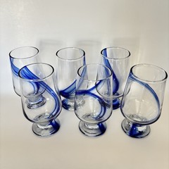 Set Of 6 Libbey Blue Ribbon Glasses 12.8oz. Goblet Tumbler Footed Clear Blue 6″