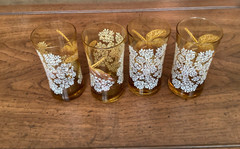 Vintage MCM Libbey Amber Dragonfly Daisy Glasses Set Of 4