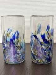 2 DOMSKY Blown Glass Art Drinking Glasses Iridescent Purple Blue Green Signed 06