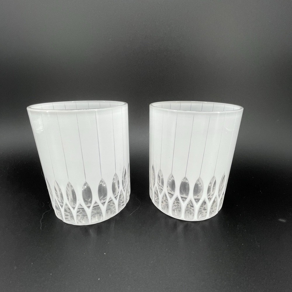 MCM Frosted White Lowball Glasses Clear Cathedral Arch Base Pinstripe Set of 2