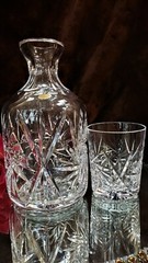 Vintage RARE Crystal CUT GLASS TUMBLE UP Carafe & Tumbler PINWHEEL Tag POLAND!