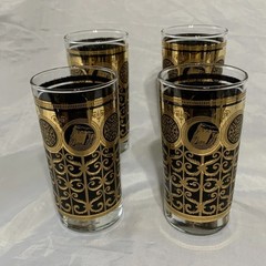 Libbey Mid Century 1965 Prudential Highball Glasses Black Gold 5.5”Tall Lot Of 4