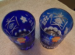 Anna Hütte Cobalt Blue Hand Cut Crystal Floral Tumblers Set of 2 4in Germany