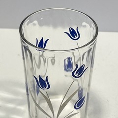 Vtg. Blue Tulips In Pot 3.5” Tall Juice Glass, Panel Side, Great Condition