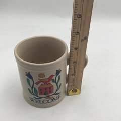 Mug Beige Speckled Folk Art Bird House Floral Coffee Cup Handle