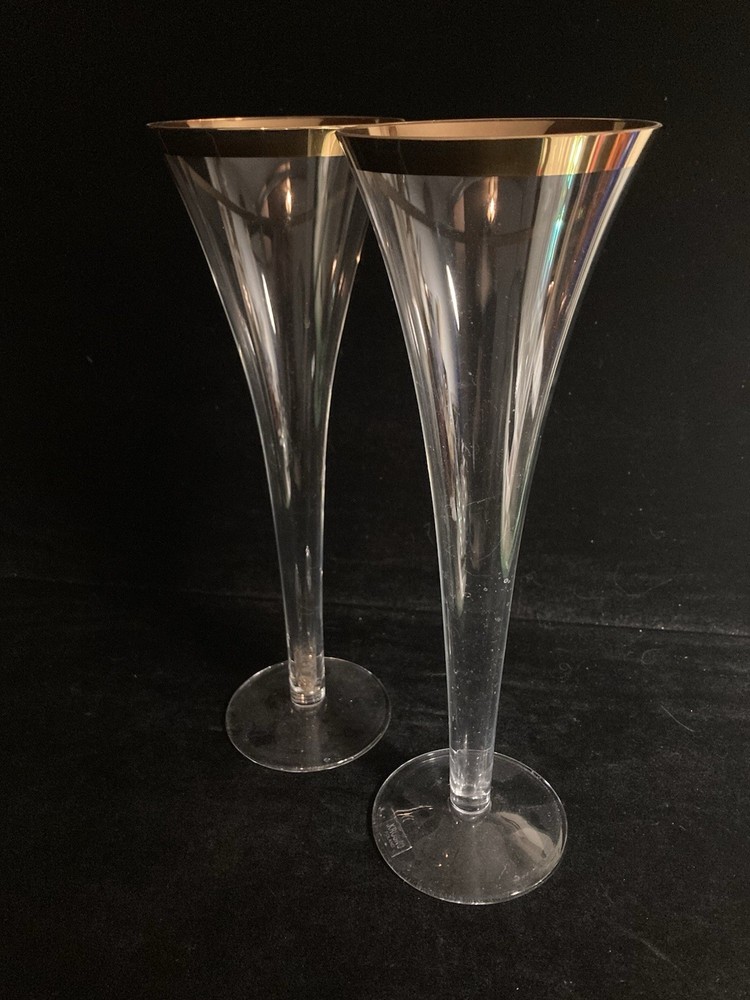 2 Hollow Stem Champagne Flutes With Gold Rim 9.5” Vtg