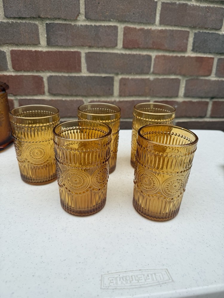 5 Vintage Tiara Amber Sandwich Glass Tumblers Indiana Pressed Water Glasses Set