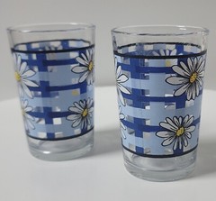Daisy Blue Plaid Juice Glass Indonesia Vintage Mid Century Set of 2