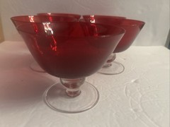 5 Vintage Cobalt Red -Clear Ball -Stem Bell Shape Hand Blown Glasses/Goblets