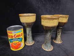 3 Handmade Studio Art Pottery Wine Goblets Earthy Color Tones 6.75″