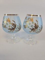 Vintage Bohemian Frosted Blue Glass Brandy Snifters Hand Painted Flower Gold 2pc
