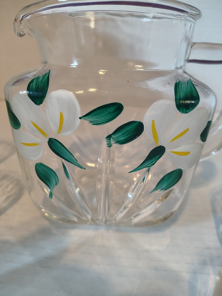 VTG Federal Glass Dixie Dogwood 7 Pc Juice Pitcher Set Hand Painted Grandmacore