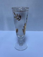 6 Vtg MCM Pilsner Glasses Gold Leaf Frosted Footed Stemmed Beer Foliage Drinking