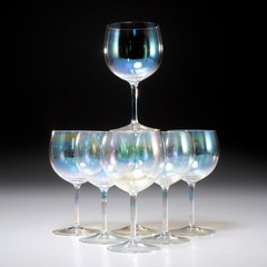 Vintage Iridescent Luster Iris Glass Wine Glasses 7pc Set Lot 5.5″h 2.75″dia