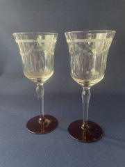 2 Antique Art Deco clear glass / red foot water goblets with etching c.1920-30