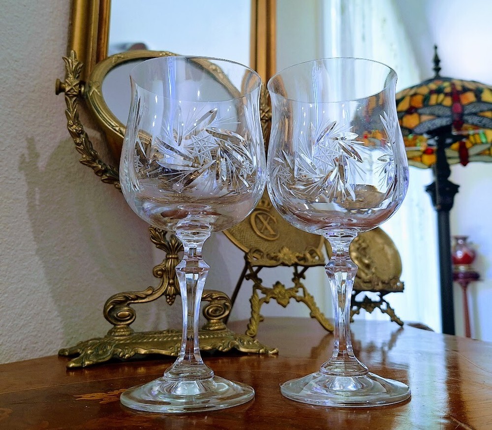 Etched Star Pinwheel Cut Crystal Liszt Water Goblets by Kristal Zajecar Set of 2