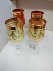 Vintage Italy Luminare Glass Gold Etched Rim Wine Glasses Stemware Set Of 4 MCM