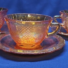 Set of 3 Federal Marigold Iridescent Depression Glass Normandie Cups And Saucer