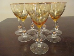 Lot 8 – Czech Jozef Josef Stanik Amber WINE Glass Goblet Gold Ball Stem 6 1/4″