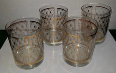 Set of 4 Georges Briard Double Old Fashioned Glass Gold Lattice Diamond Pattern