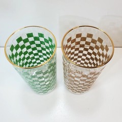 Vintage MCM Brown Green Checkered Spaghetti Tumblers 12oz Tall Drinking Glasses