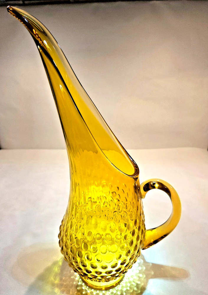 Vintage Kanawha Swung Glass Hobnail Pitcher Vase 13” in Yellow-Gold