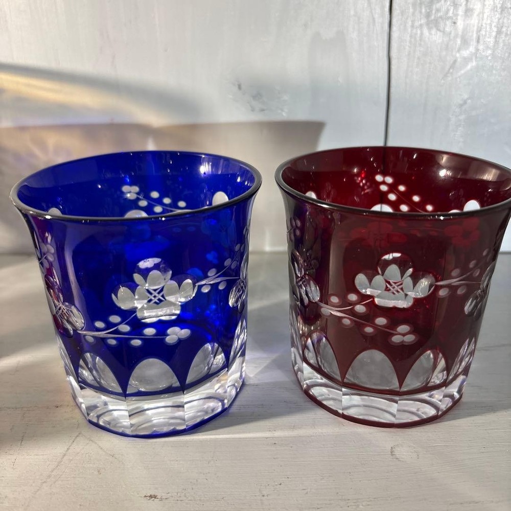 Edo Kiriko Rocks Glasses Pair Floral Red Blue Cut Glass