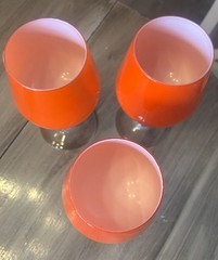 Vintage Carlo Moretti Murano art glass Orange White lined clear stem MCM Set 3