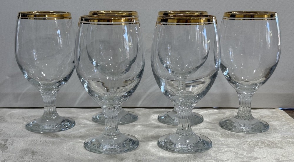 Vintage Valencia Set Of 6 Wine Glasses, Hand Decorated 24K Gold Rim 10 Oz