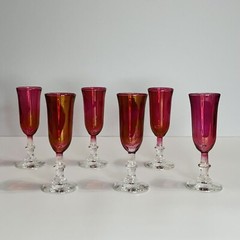 Red Cranberry Iridescent Fluted Glass About 4.5” Tall Set Of 6