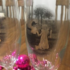 2 vintage engagement or wedding wine~champagne glasses w/etched cowboy and girl~