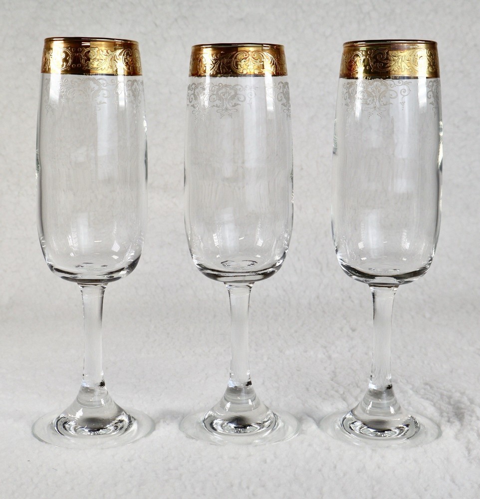 Vintage Cellini Champagn Glasses Italy Etched Crystal 24k Gold Rim C9N1 Set Of 3