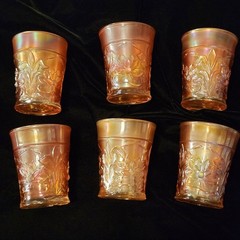 Set Of 6 Antique Northwood Stamped Waterlily And Cattail Glasses Carnival Glass