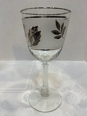 6 Vtg MCM Silver Rim Stemmed Frosted Wine Glasses Metallic Leaf Goblet 7.25″