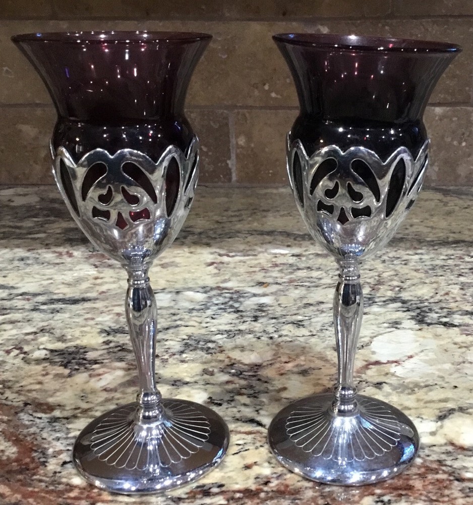 SIX(6) Farber Bros CAMBRIDGE Krome Kraft AMETHYST Wine STEMS 6 1/2”T VINTAGE