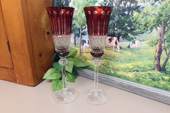 Pair of Noble Excellence Ruby Red Cut To Clear Champagne Flutes ~ Estate New