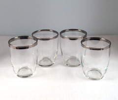 Vintage Silver Rimmed Clear Glass Tumblers Rocks Glasses Set of 4 MCM Barware