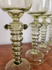 Set Of 4 Olive Green Glass Wine Goblets Or Roemers Etched Fritz Heckert?