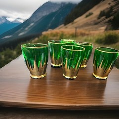 Vintage Emerald Green Cordial Shot Glasses Set of 6 Gold Gilt Drip MCM 2.5”