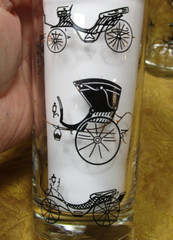 4 weighted base glass tumblers w/antique black automobiles -5.5″ high 12oz. cap.