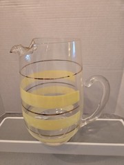 Vintage MCM Frosted Pastel Striped Pitcher And Glass Set – Retro 1950s Gilded