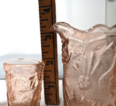 Vintage Summit Miniature Pitcher & 4 Tumblers Pink Glass Peacock Bird Child Set
