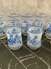 Libbey 10 oz glasses Frosted Blue bird and flower 5.25” X 2.50” Set of 11