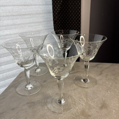 Vintage 50s Etched Polka Dot Floral Sherry, Liqueur, Wine Glasses Set Of 5
