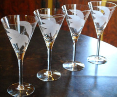 Vintage Set 4 FROSTED SWIRL CUT LEAF Crystal Water Goblets 8 1/8″ Midcentury Mod