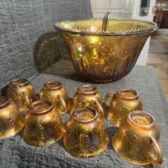 Vintage Indiana Iridescent Carnival Glass Marigold Punch Bowl Set 8 Grape Cups