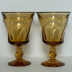 Set/2 Vintage Fostoria Jamestown Amber Swirl Water Goblets Glasses Twist Stem 6″