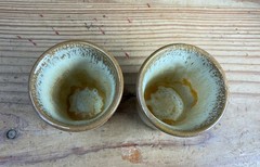 Pair of Vintage Frankoma Pottery Guernsey Juice Cups Desert Gold Shot Glass